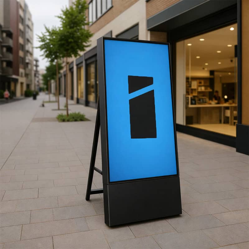 Digitaal stoepbord met blauw scherm voor een restaurant aan een winkelstraat.
