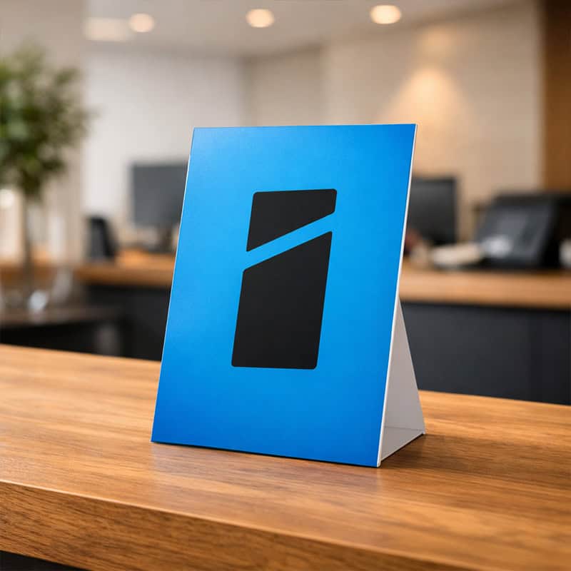 Blauw baliebord met Smid Media Solutions logo op houten receptiebalie in kantoor