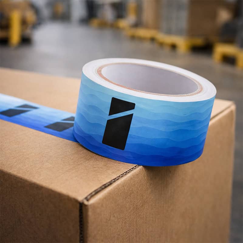 Blauwe bedrukte tape met golfpatroon en Smid Media Solutions logo op kartonnen verzenddoos in magazijn