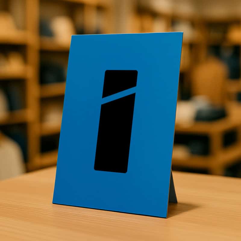 Blauw bedrukt tafelkleed met logo op conferentietafel