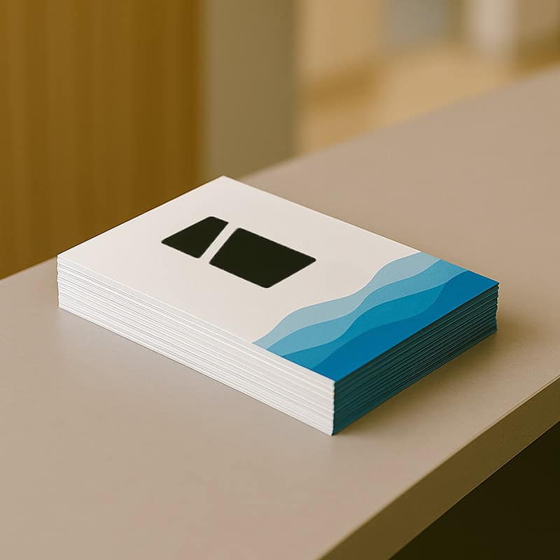 Stapel witte flyers met Smid Media Solutions logo en blauw golfpatroon op grijze tafel
