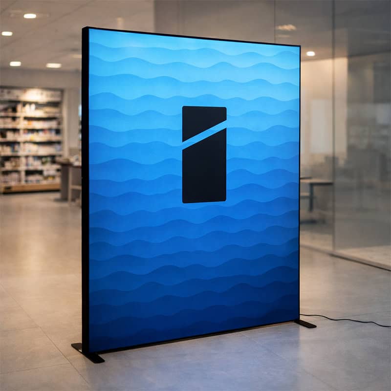 Verlicht LED textielframe met blauw golfpatroon en Smid Media Solutions logo vrijstaand in winkelruimte