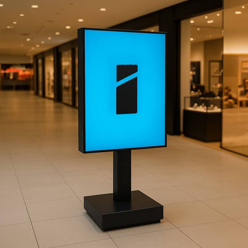 Blauw verlicht LED reclamebord op zwarte voet met Smid Media Solutions logo in winkelcentrum