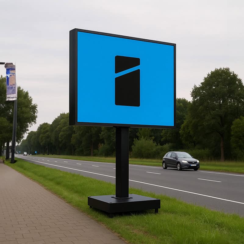 LED_outdoor.jpg Blauw LED reclamebord op zwarte paal met Smid Media Solutions logo langs drukke weg