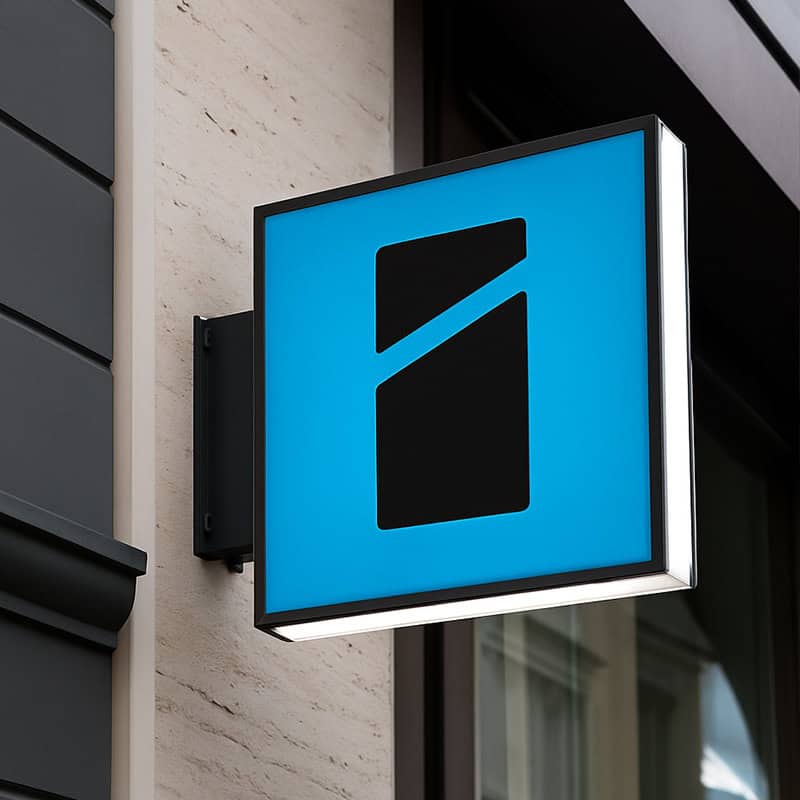 Blauwe lichtbak met logo gemonteerd aan gevel van pand