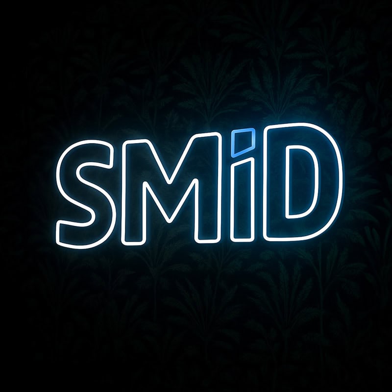 Neon sign met bedrijfsnaam SMID verlicht op donkere achtergrond