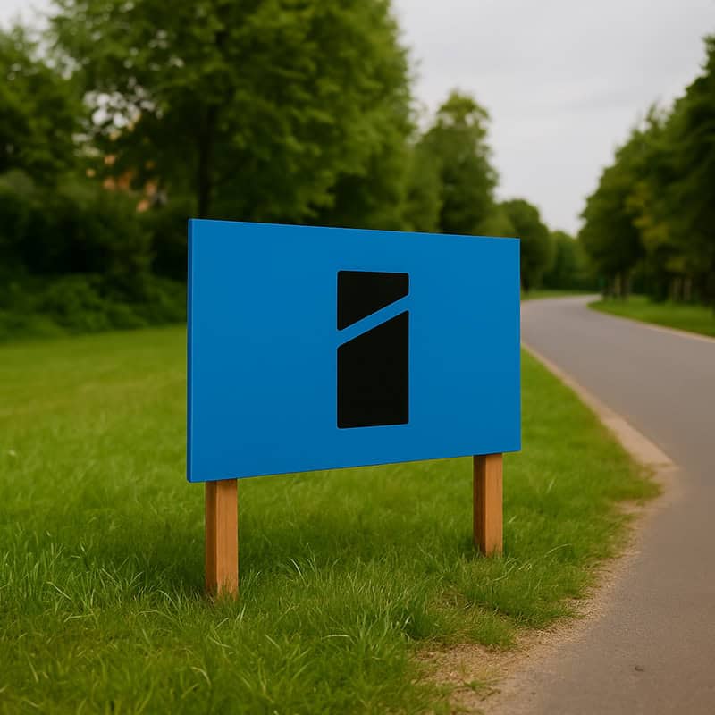 Blauw reclamebord met zwart logo, geplaatst op een hek in een groene buitenomgeving.