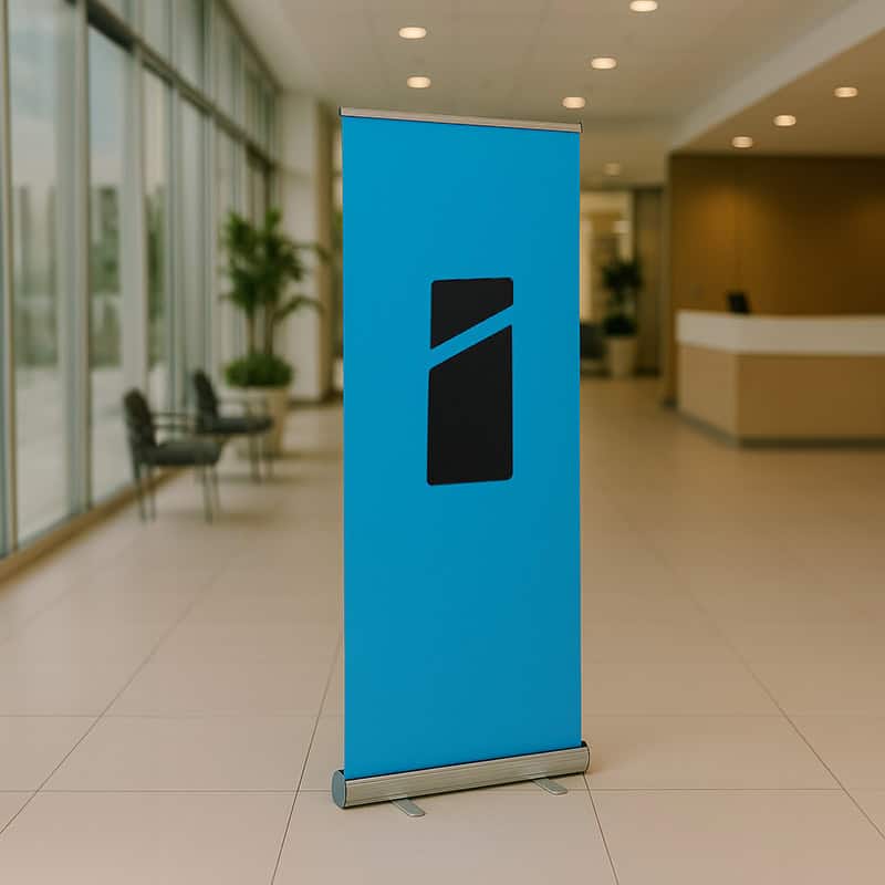 Blauwe rolbanner met Smid Media Solutions logo op zilveren voet in kantoorlobby