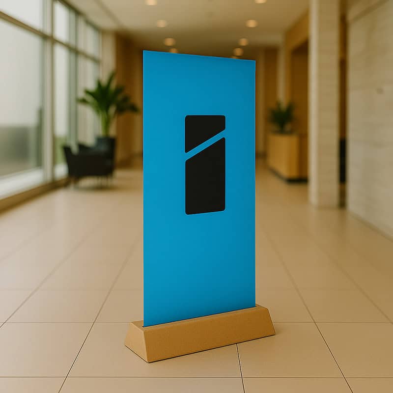 Blauwe rolbanner met Smid Media Solutions logo op kartonnen voet in kantoorgang