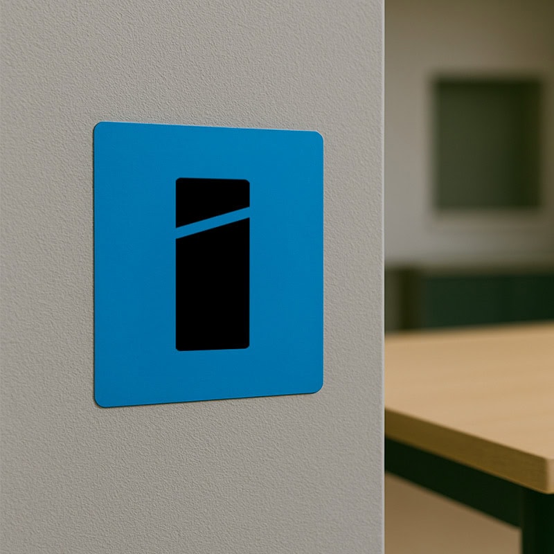 Blauwe vierkante sticker-banner met Smid Media Solutions logo op grijze kantoorwand