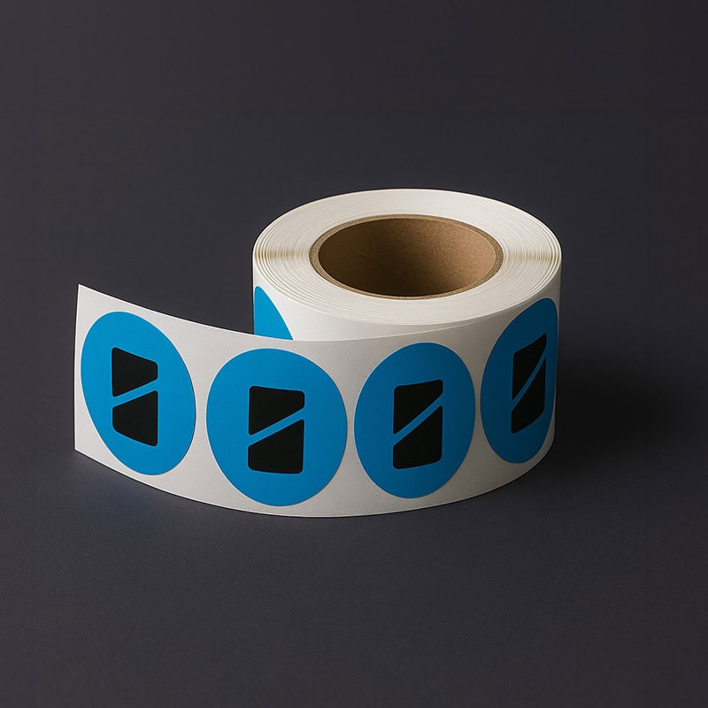 Rol met ronde blauwe stickers met Smid Media Solutions logo op witte stickervellen