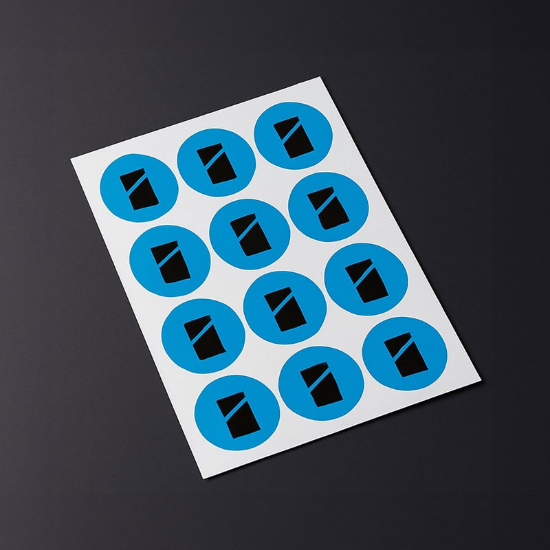 Vel met ronde blauwe stickers met Smid Media Solutions logo op donkere achtergrond