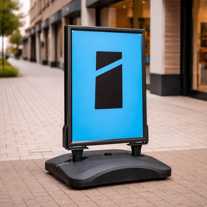 Zwart stoepbord met blauw Smid Media Solutions logo op stoep voor winkelstraat