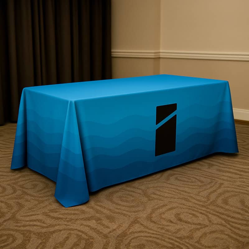 Blauw bedrukt tafelkleed met logo op conferentietafel