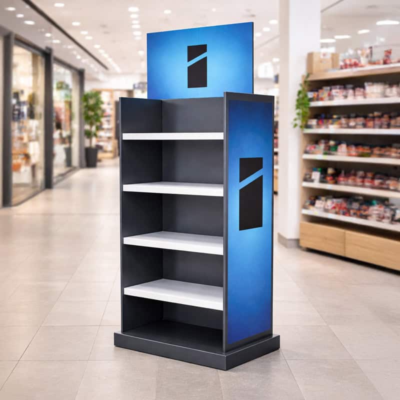 Vrijstaand vloerdisplay met planken en logo in winkelruimte